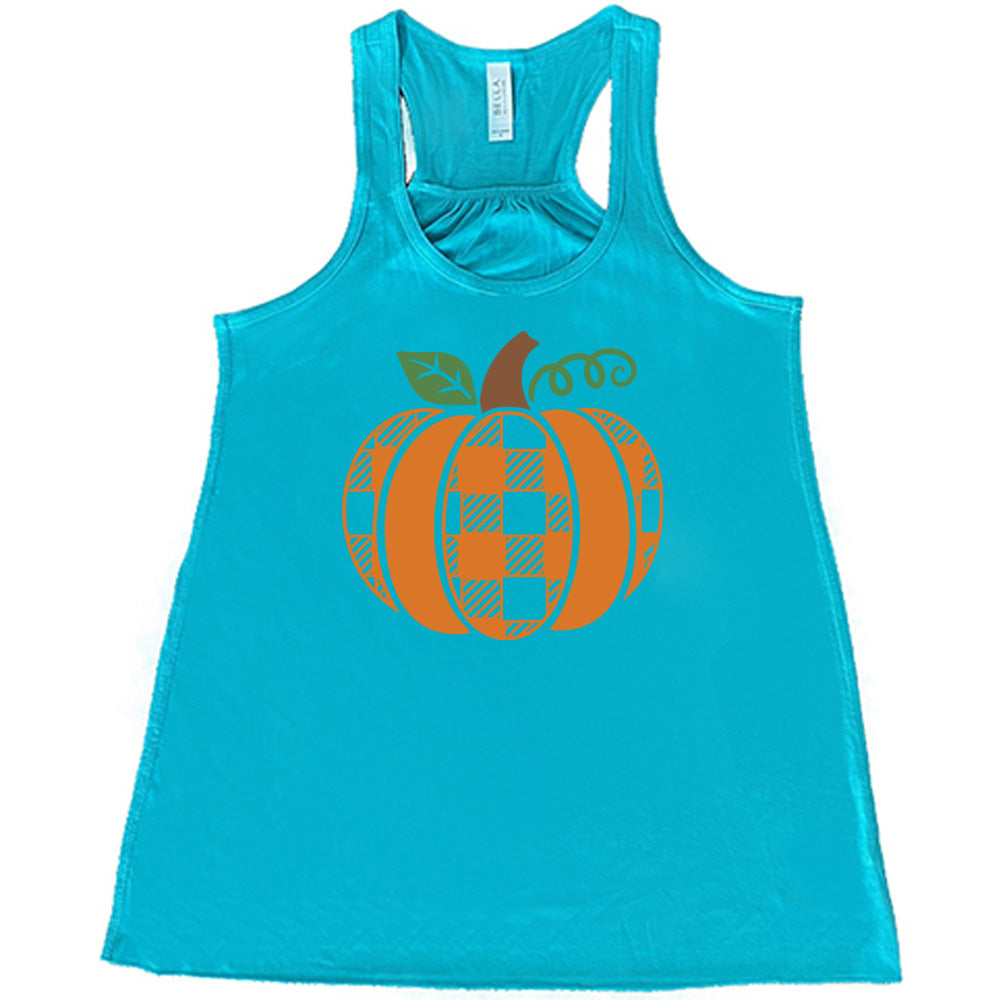 Teal colored flowy tank with plaid pumpkin graphic on it