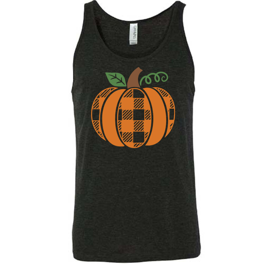 Black colored tank with plaid pumpkin graphic on it