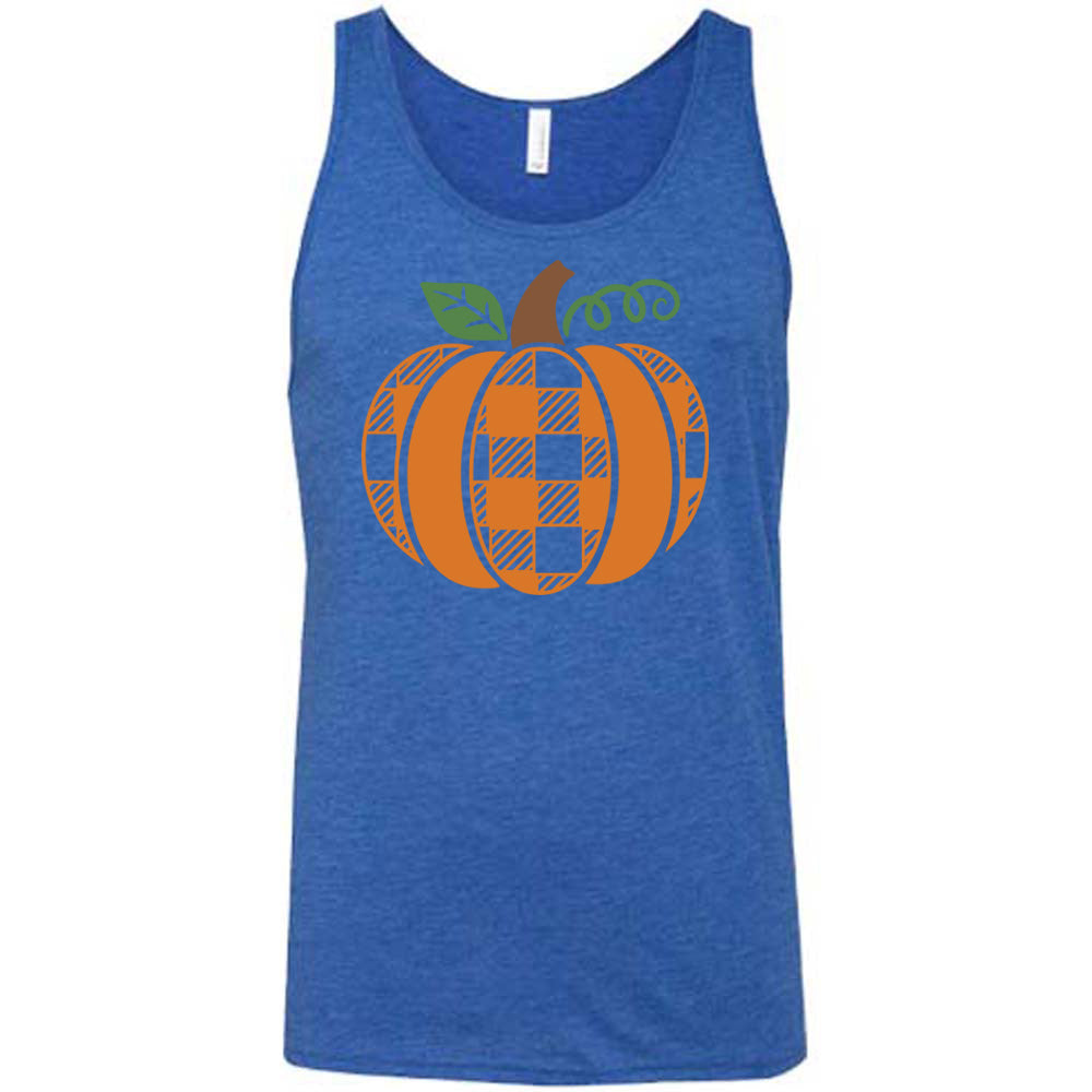 Blue colored tank with plaid pumpkin graphic on it