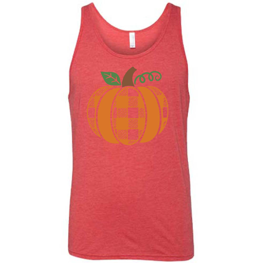 Red colored tank with plaid pumpkin graphic on it