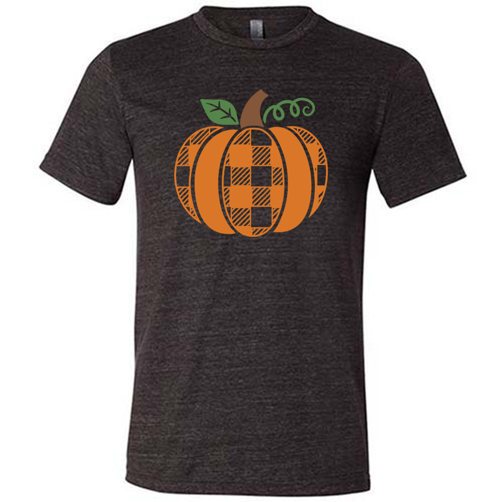 Black colored shirt with plaid pumpkin graphic on it