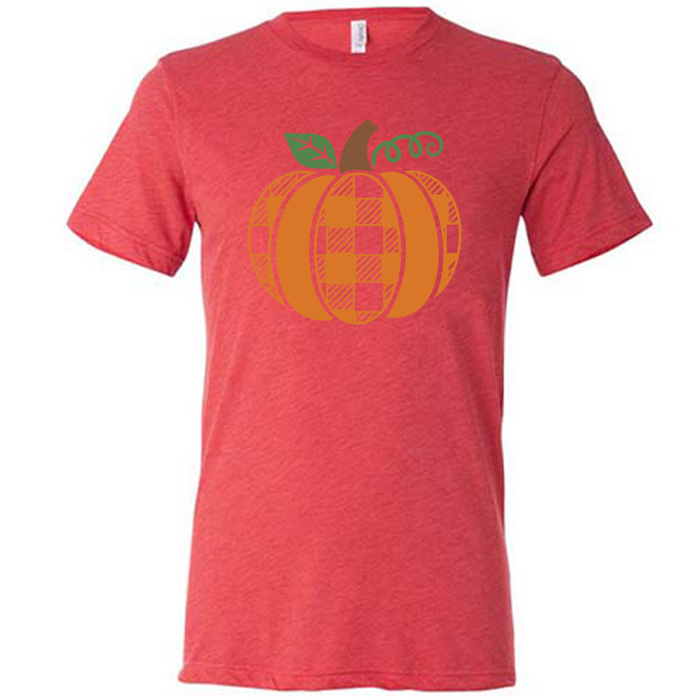 Red colored shirt with plaid pumpkin graphic on it