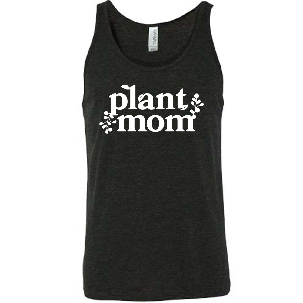 Black colored tank with a plant graphic on it that says "Plant Mom"