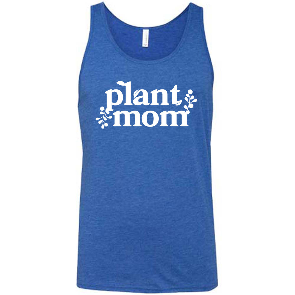 Blue colored tank with a plant graphic on it that says "Plant Mom"