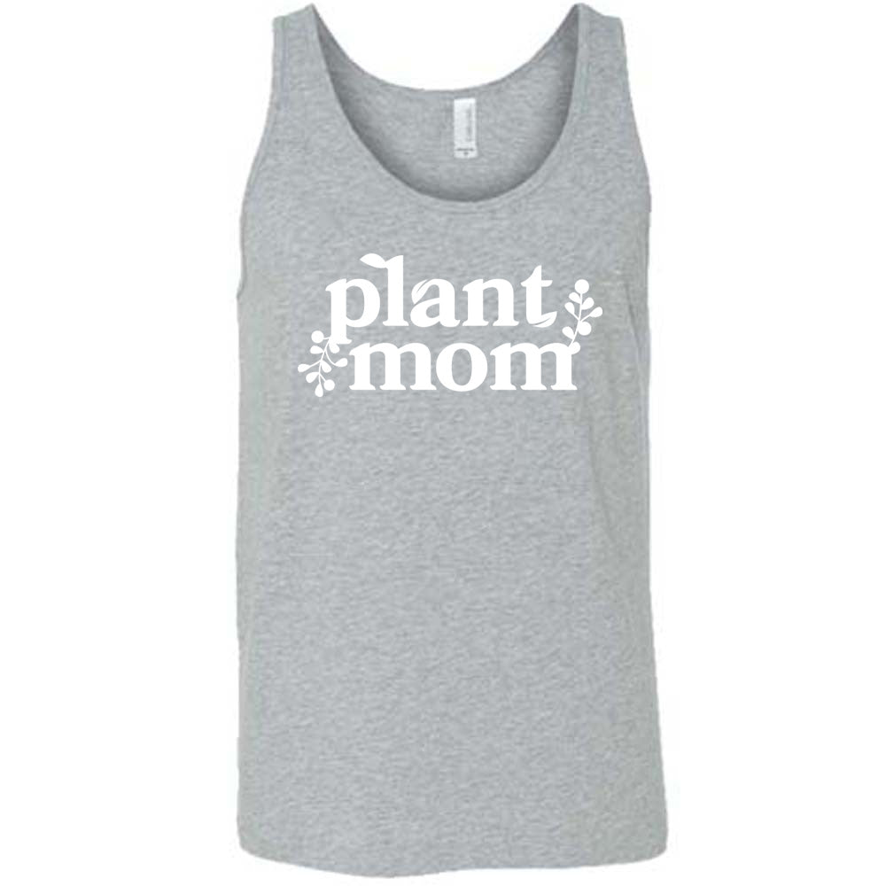 Grey colored tank with a plant graphic on it that says "Plant Mom"