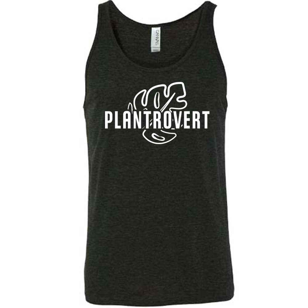 Black colored tank with a leaf graphic on it that says "Plantrovert"