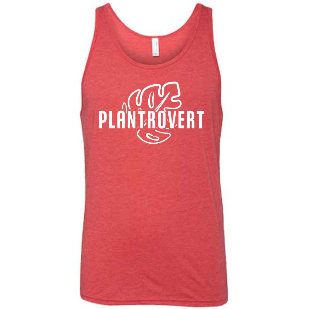 Red colored tank with a leaf graphic on it that says "Plantrovert"