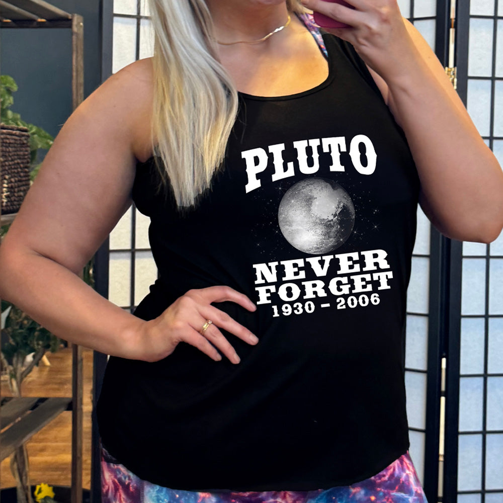Black colored flowy tank with a Pluto graphic on it that says "Pluto Never Forget 1930 - 2006"