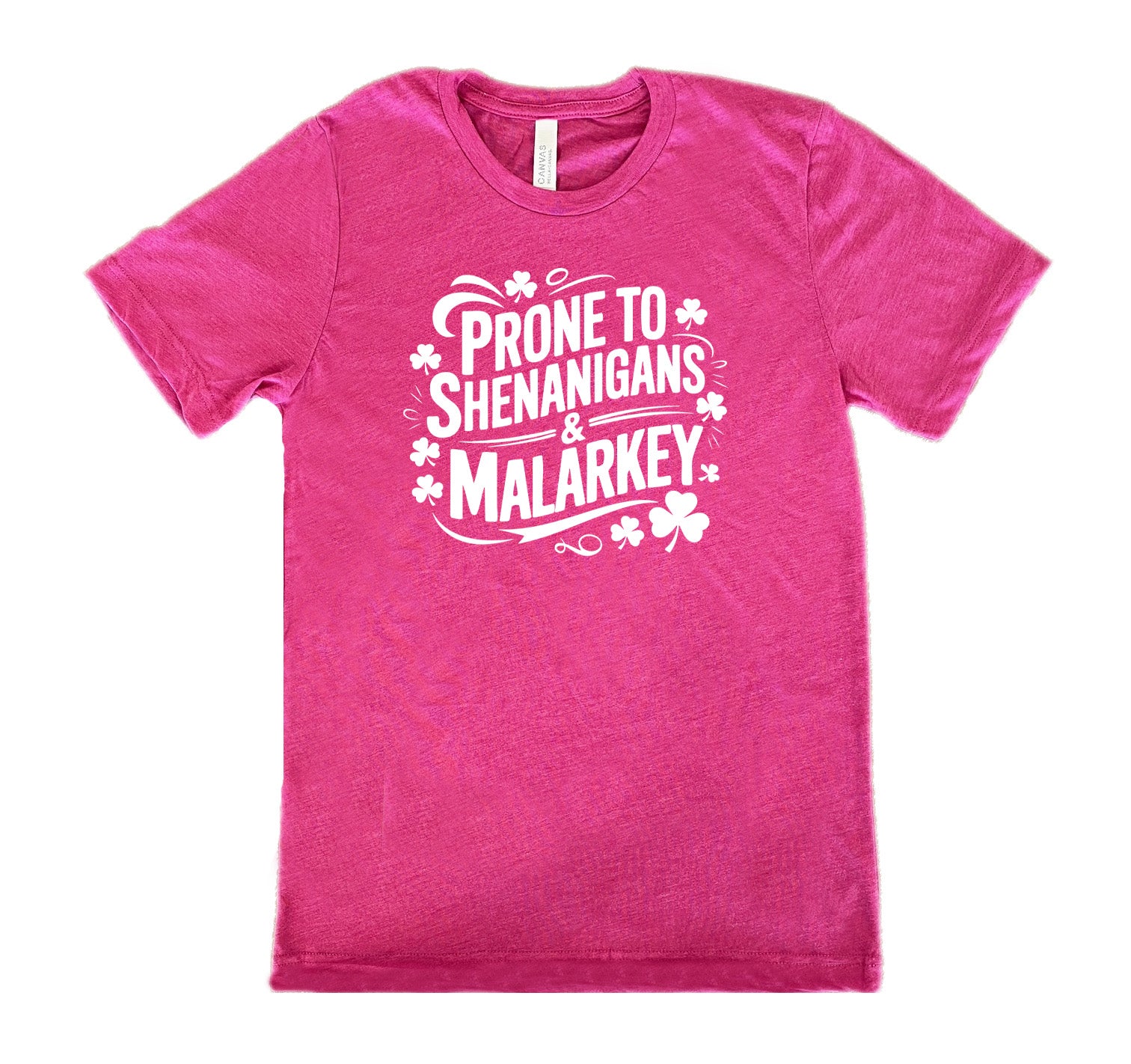 berry shirt with the quote "Prone To Shenanigans & Malarkey" on it