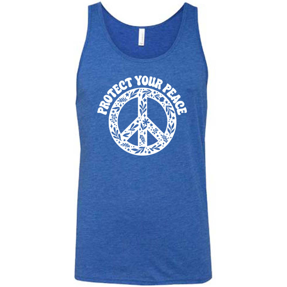 blue shirt with the text "protect your peace" and a peace sign graphic on it