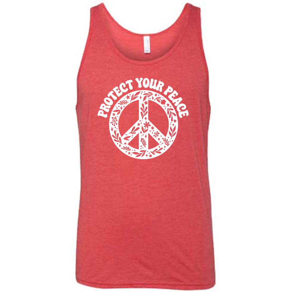 red shirt with the text "protect your peace" and a peace sign graphic on it