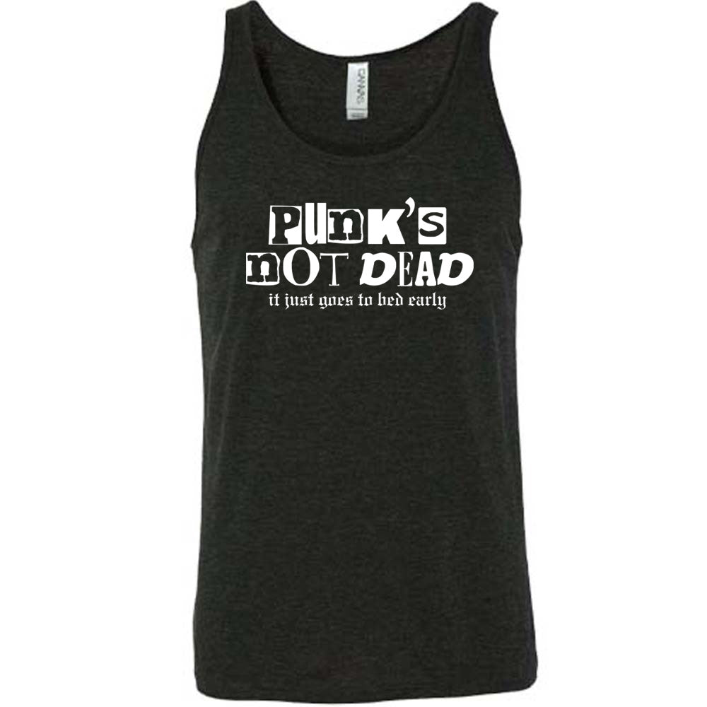 black shirt with the text "Punk's Not Dead, It Just Goes To Bed Early" on it