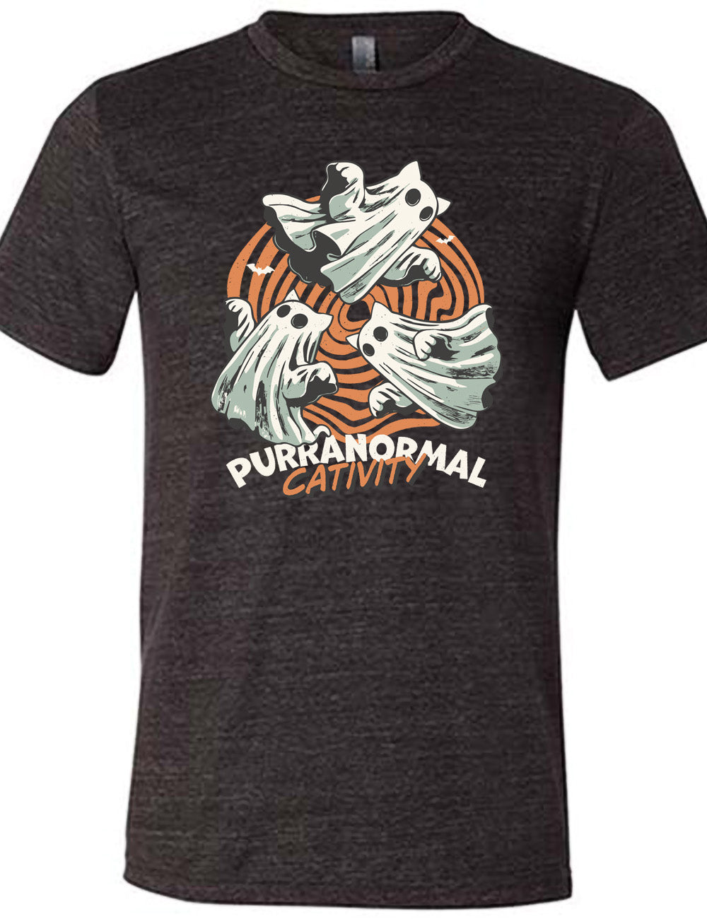 black unisex tee with the graphic of three cat-ghosts swirling in a circle, in front of a spiraled background, with words underneath saying "purranormal cativity"