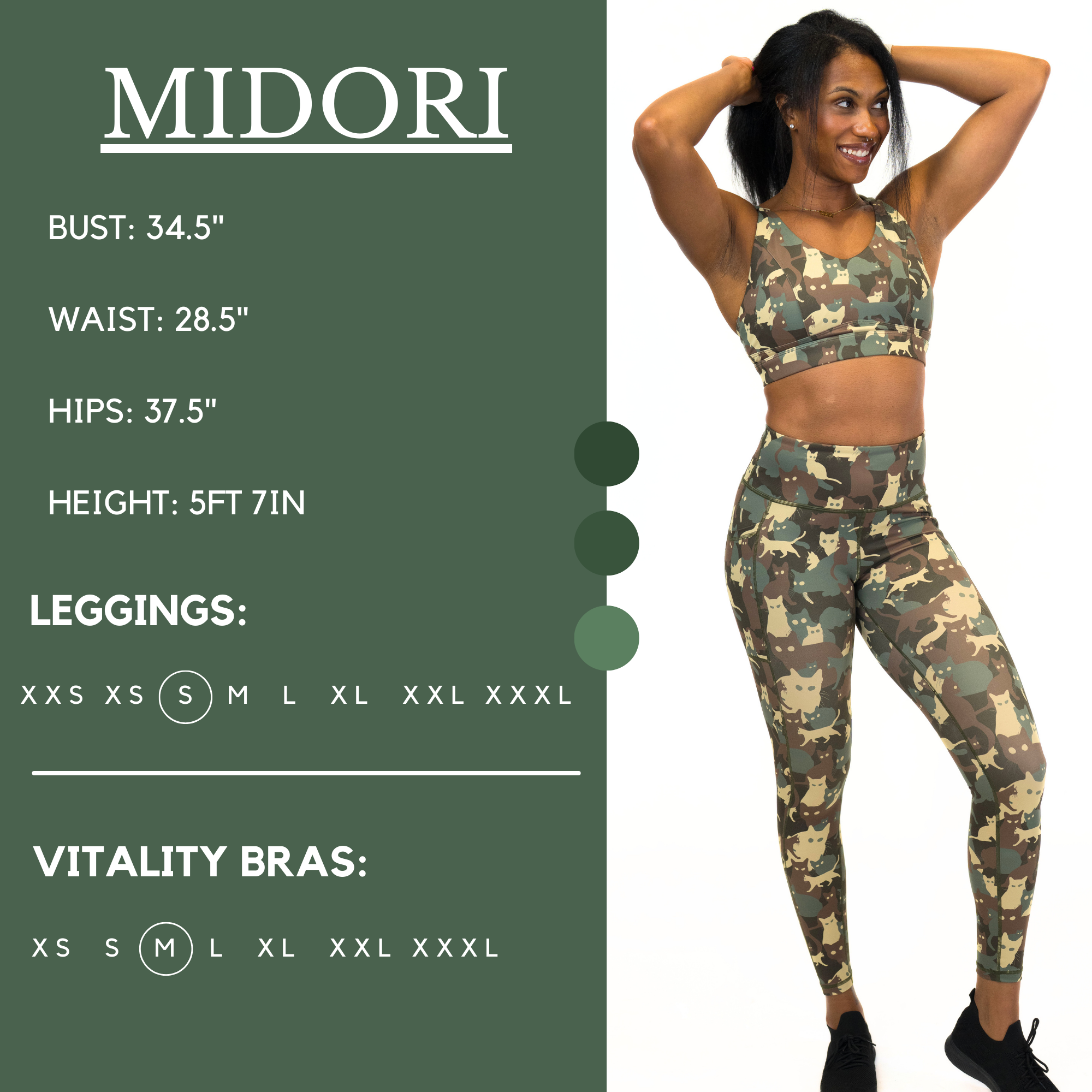 Model’s measurements of 34.5” bust, 28.5” waist, 37.5” hips and height of 5 ft 7 inches. She is wearing a size small in our leggings