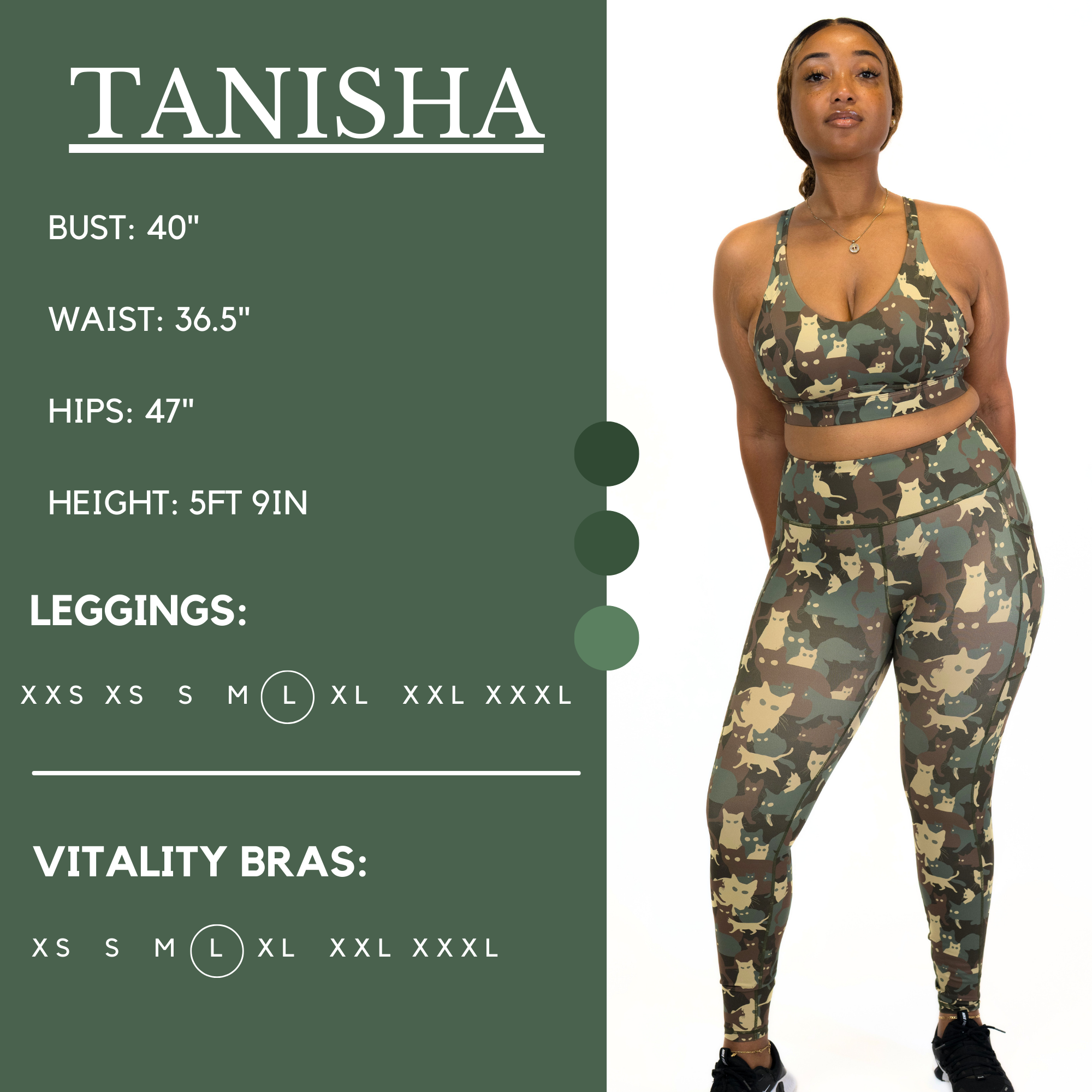 Graphic showing the measurements of a model and what size she wears for the leggings and fitted crop top. Her bust is 40 inches, waist is 36.5 inches, hips are 47 inches, and height is 5 foot and 9 inches. She wears a large in the leggings