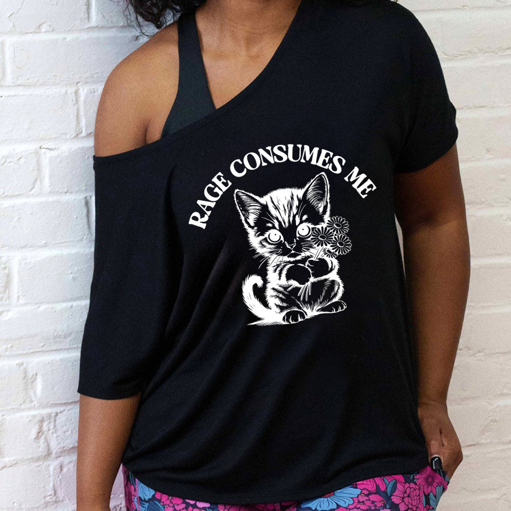 shirt with an angry kitten holding flowers graphic on it that says "Rage Consumes Me"