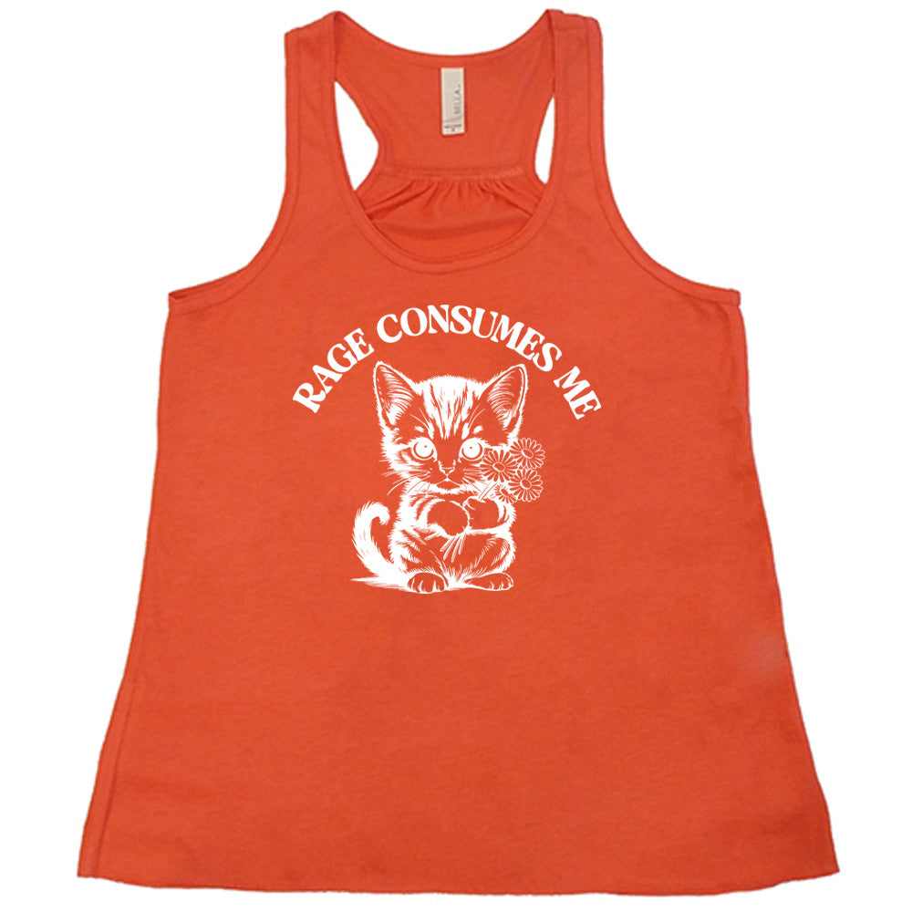 Coral colored flowy tank with an angry kitten holding flowers graphic on it that says "Rage Consumes Me"