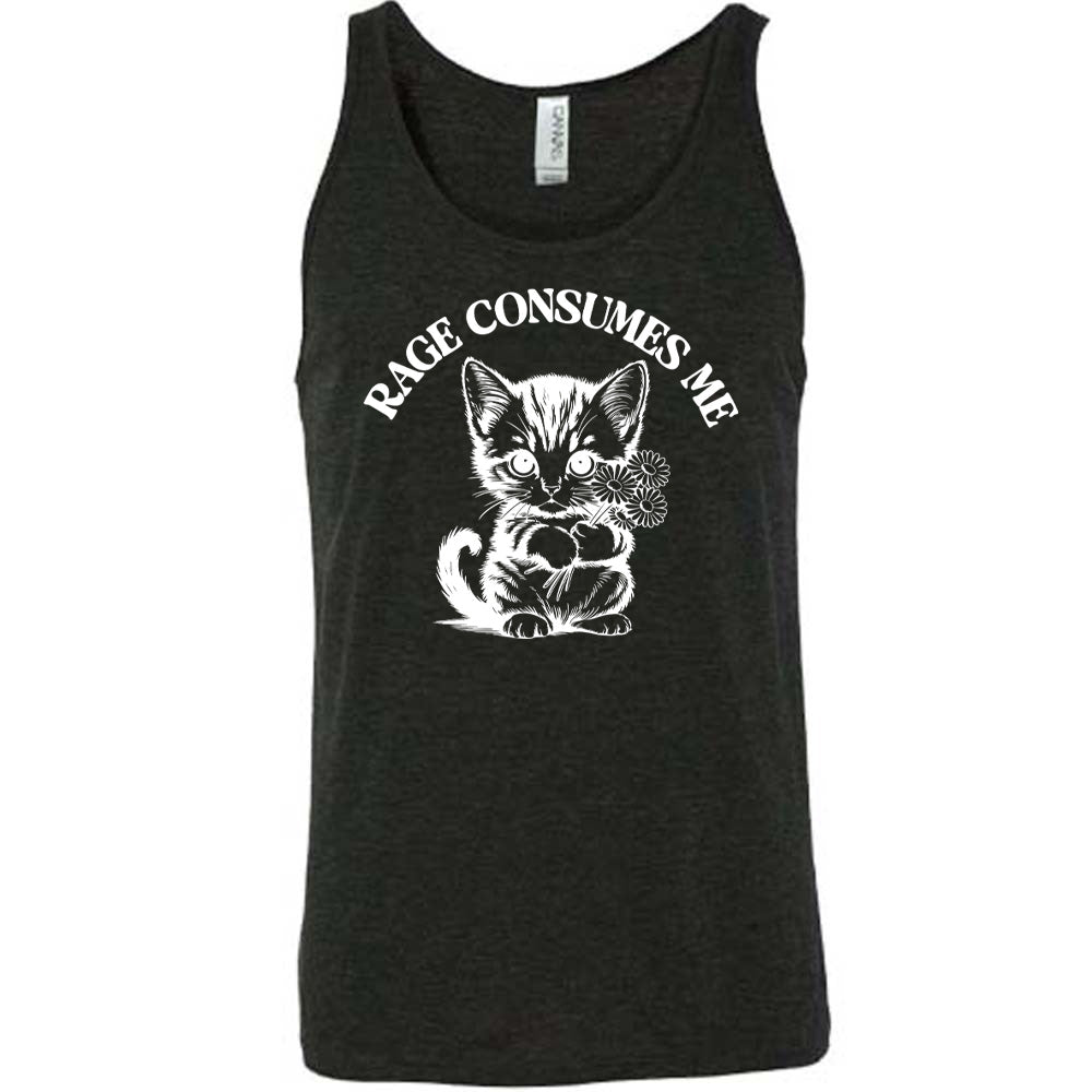 Black colored tank with an angry kitten holding flowers graphic on it that says "Rage Consumes Me"