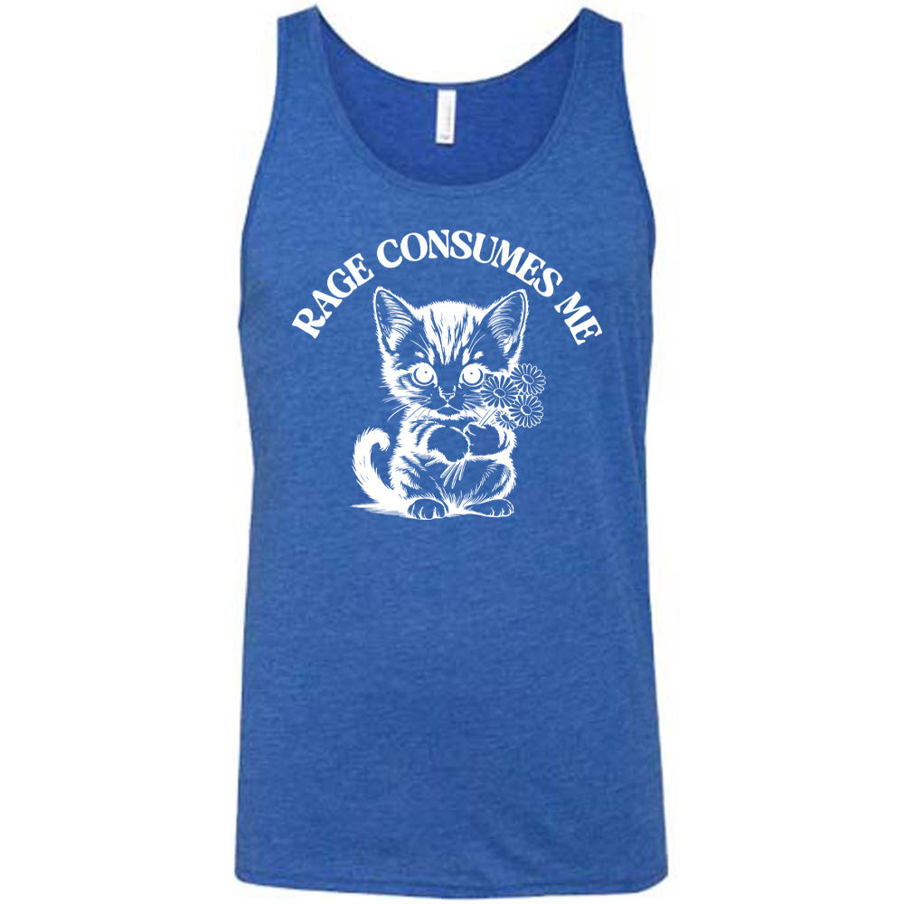 Blue colored tank with an angry kitten holding flowers graphic on it that says "Rage Consumes Me"