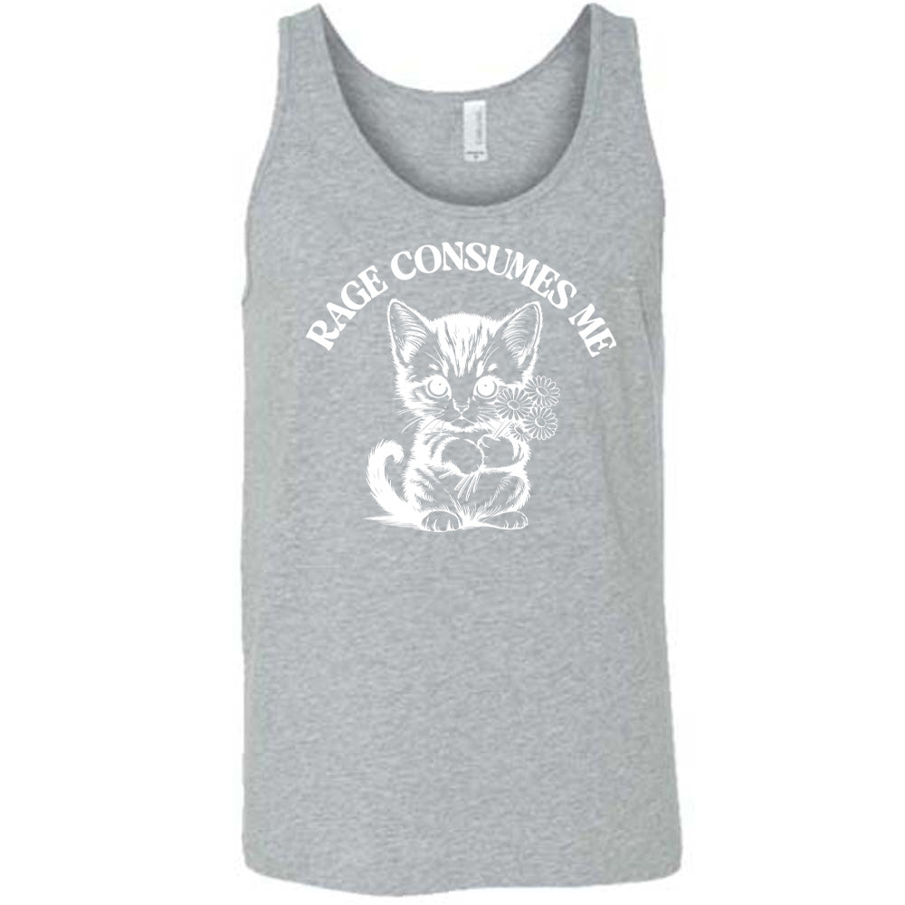 Grey colored tank with an angry kitten holding flowers graphic on it that says "Rage Consumes Me"