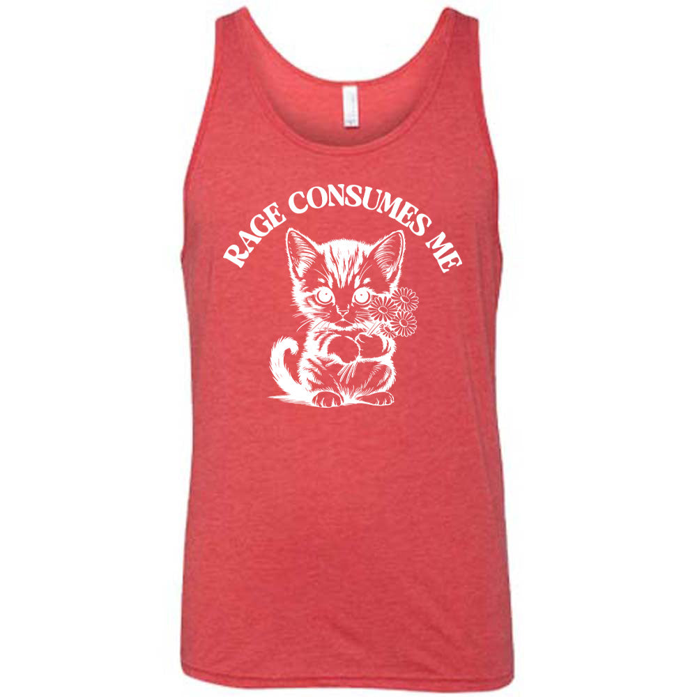 Red colored tank with an angry kitten holding flowers graphic on it that says "Rage Consumes Me"