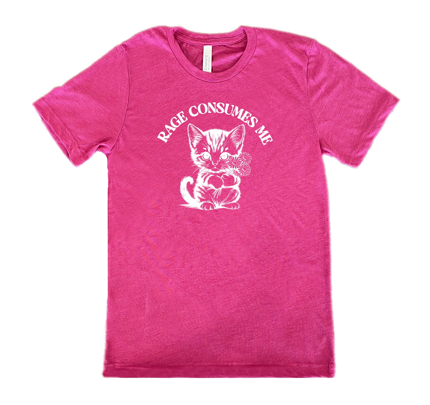 Berry colored shirt with an angry kitten holding flowers graphic on it that says "Rage Consumes Me"