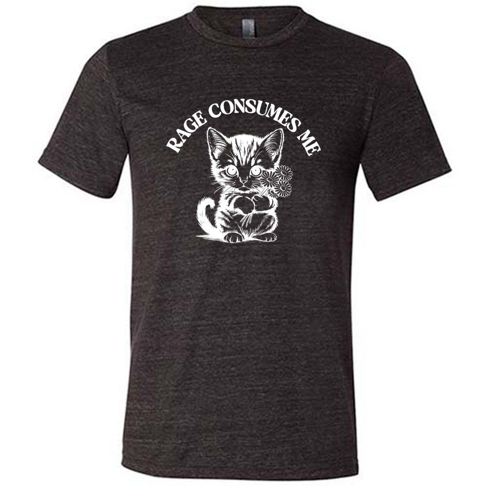 Black colored shirt with an angry kitten holding flowers graphic on it that says "Rage Consumes Me"