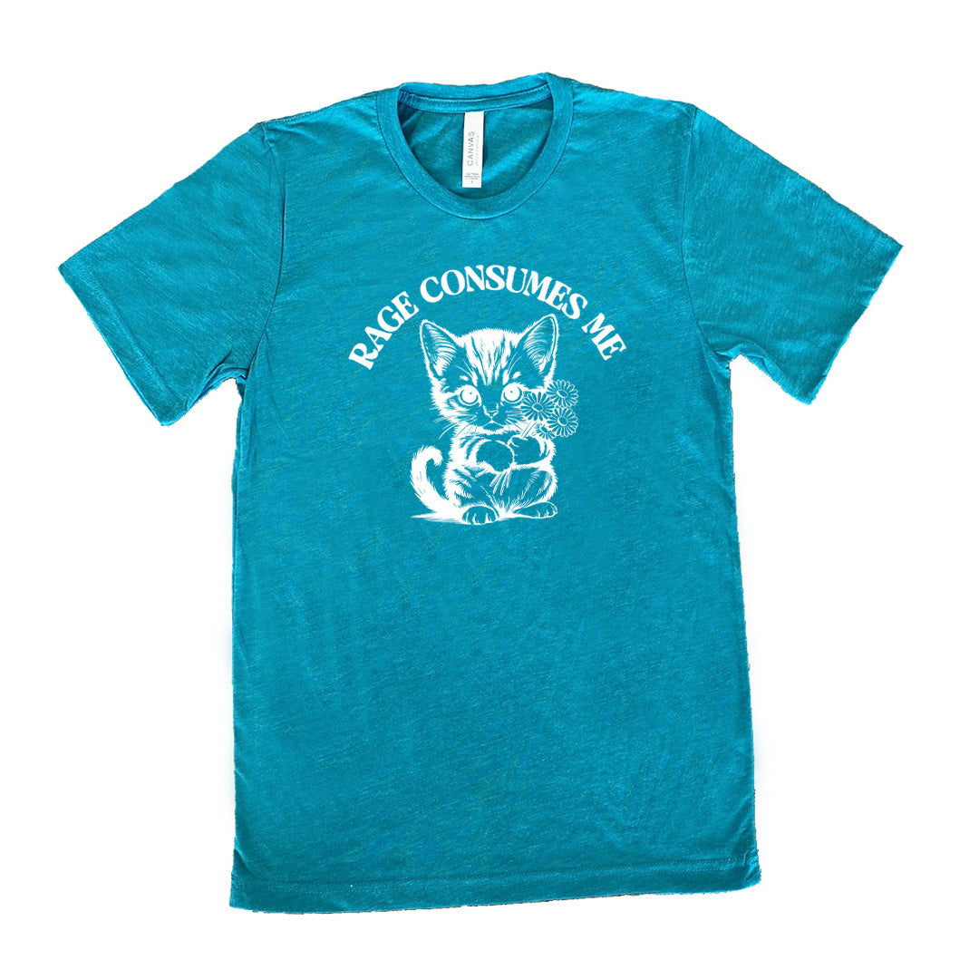 Teal colored shirt with an angry kitten holding flowers graphic on it that says "Rage Consumes Me"