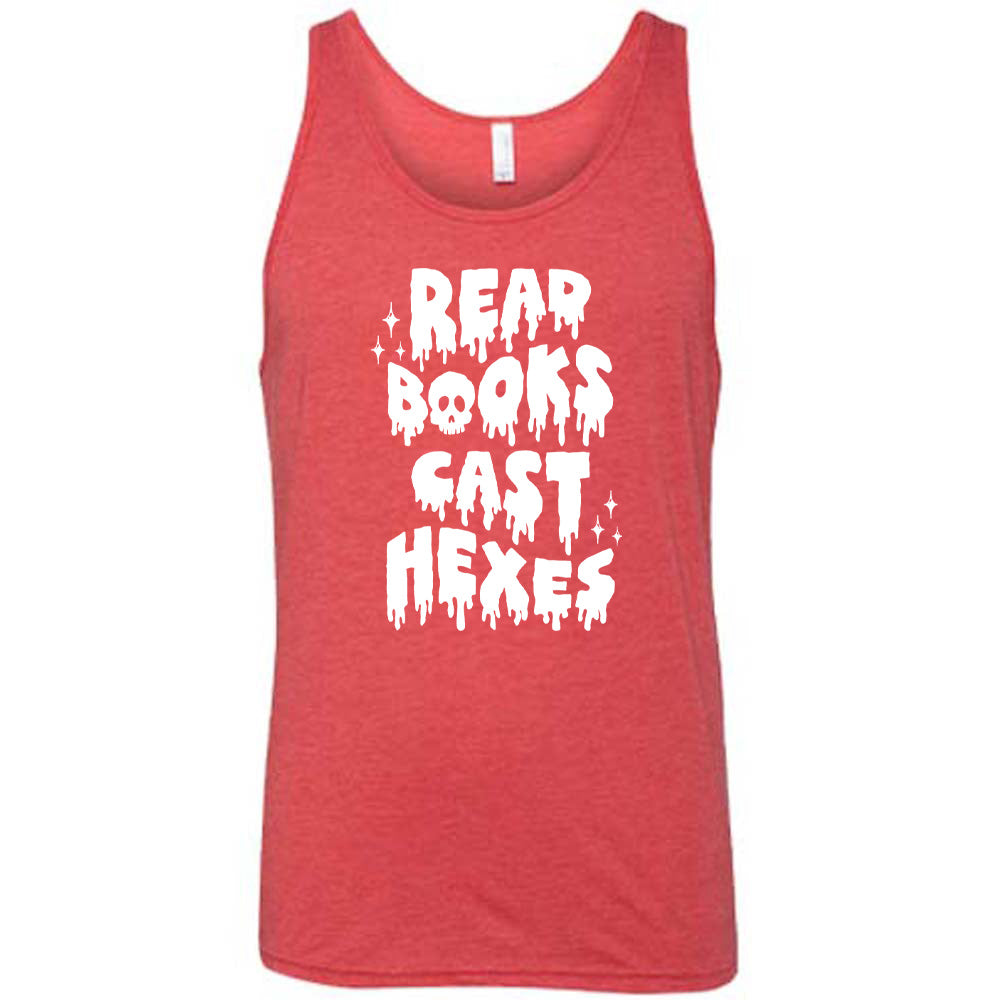 red shirt with the text "Read Books Cast Hexes" on it