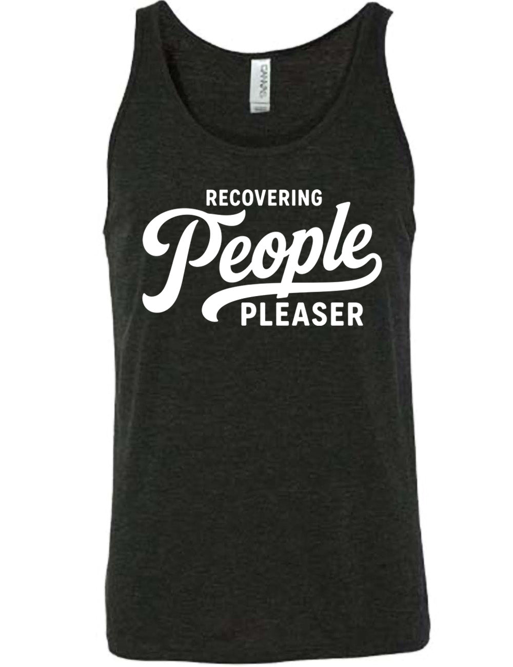 black unisex tank with words on it saying "recovering people pleaser"