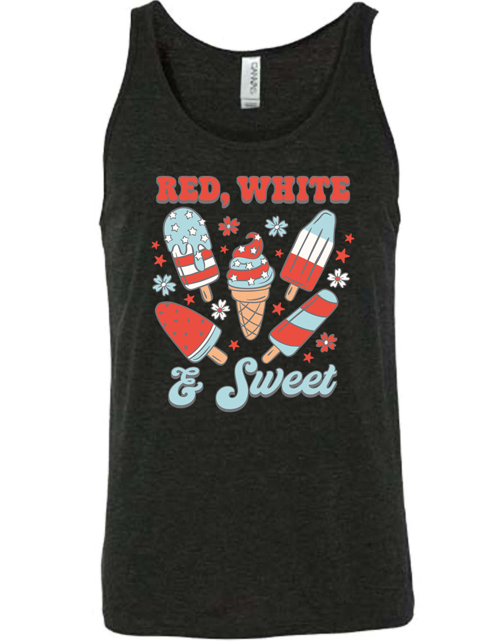 black unisex tank with the words "red, white, & sweet" on it, around the graphics of American flag-designed popsicles and an ice cream comb (5 total treats), and some flowers and stars