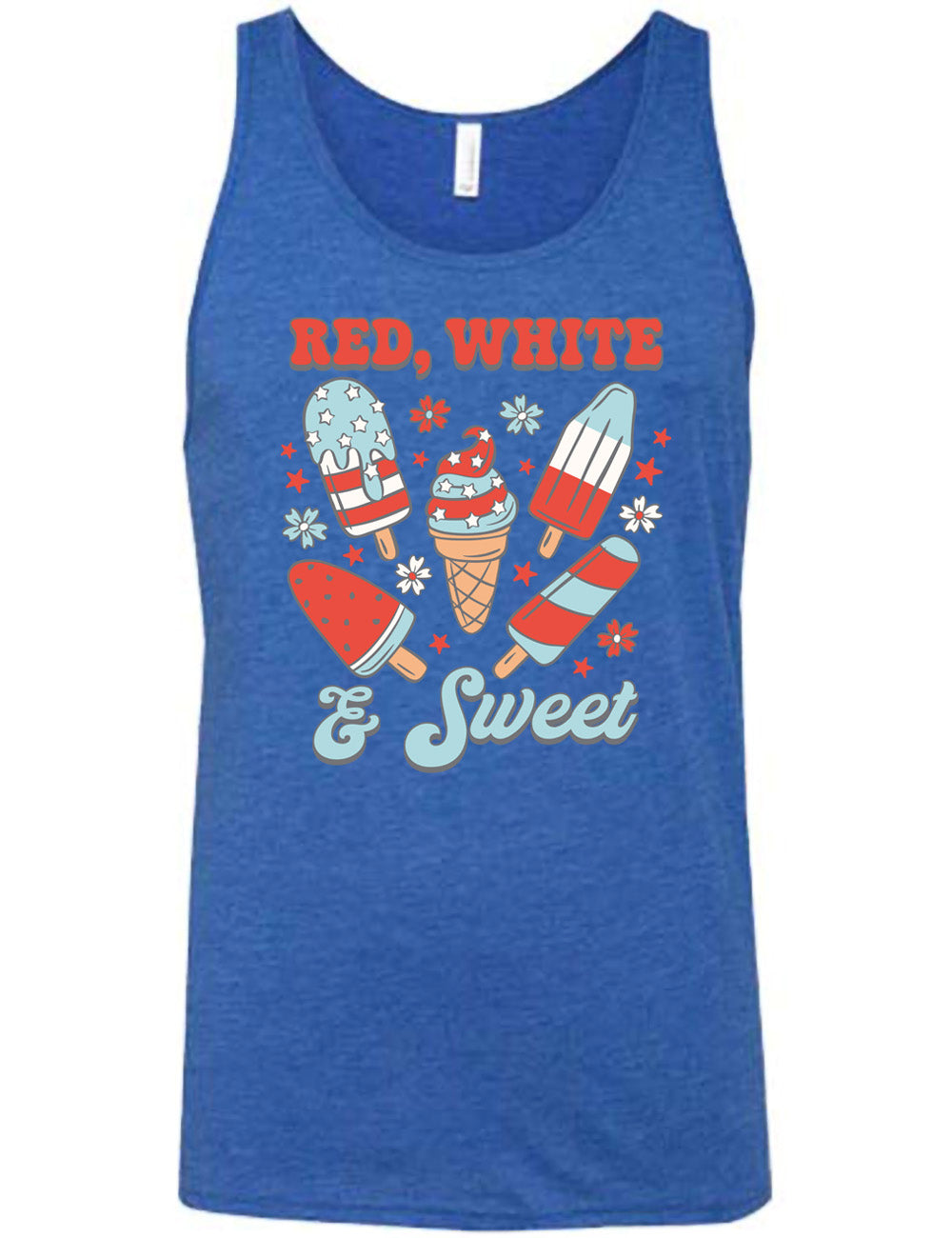 blue unisex tank with the words "red, white, & sweet" on it, around the graphics of American flag-designed popsicles and an ice cream comb (5 total treats), and some flowers and stars