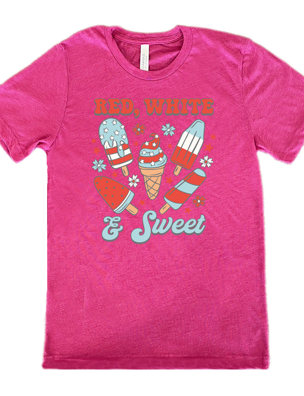 berry unisex tee with the words "red, white, & sweet" on it, around the graphics of American flag-designed popsicles and an ice cream comb (5 total treats), and some flowers and stars