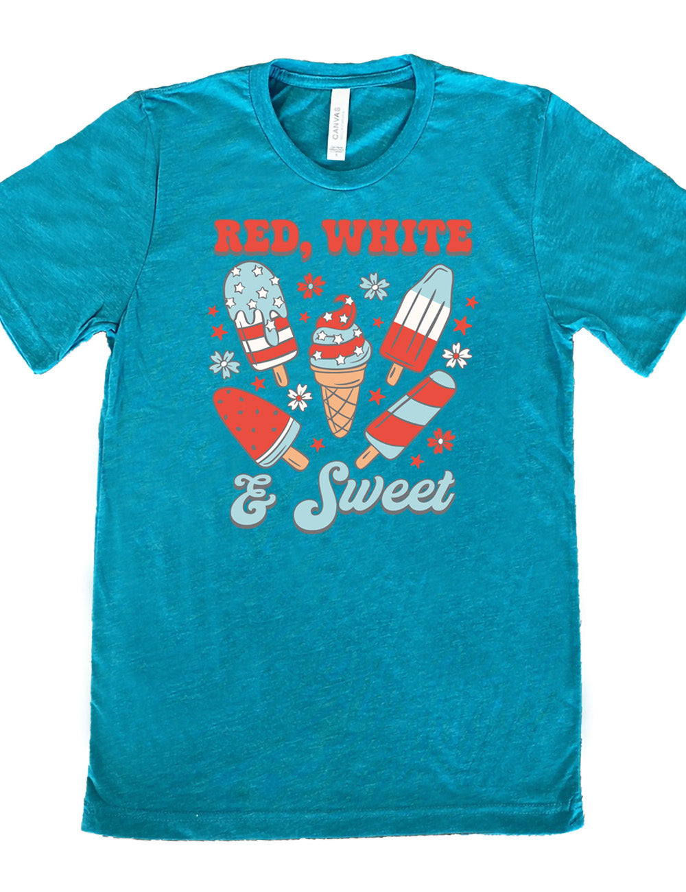 teal unisex tee with the words "red, white, & sweet" on it, around the graphics of American flag-designed popsicles and an ice cream comb (5 total treats), and some flowers and stars