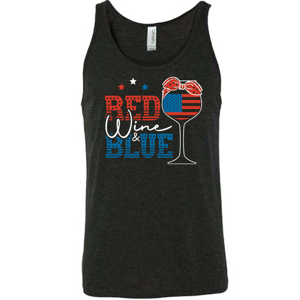 Black colored tank with an American flag wine glass graphic on it that says "Red Wine & Blue"
