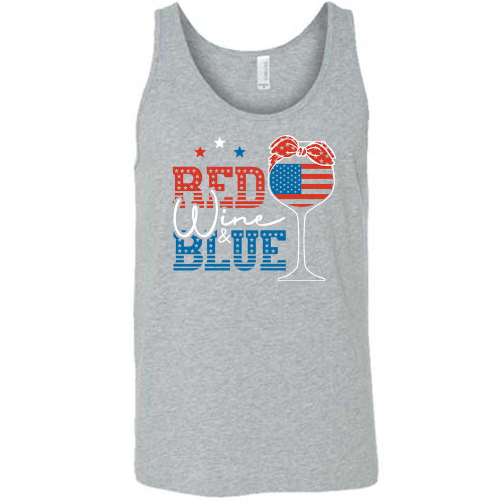 Grey colored tank with an American flag wine glass graphic on it that says "Red Wine & Blue"