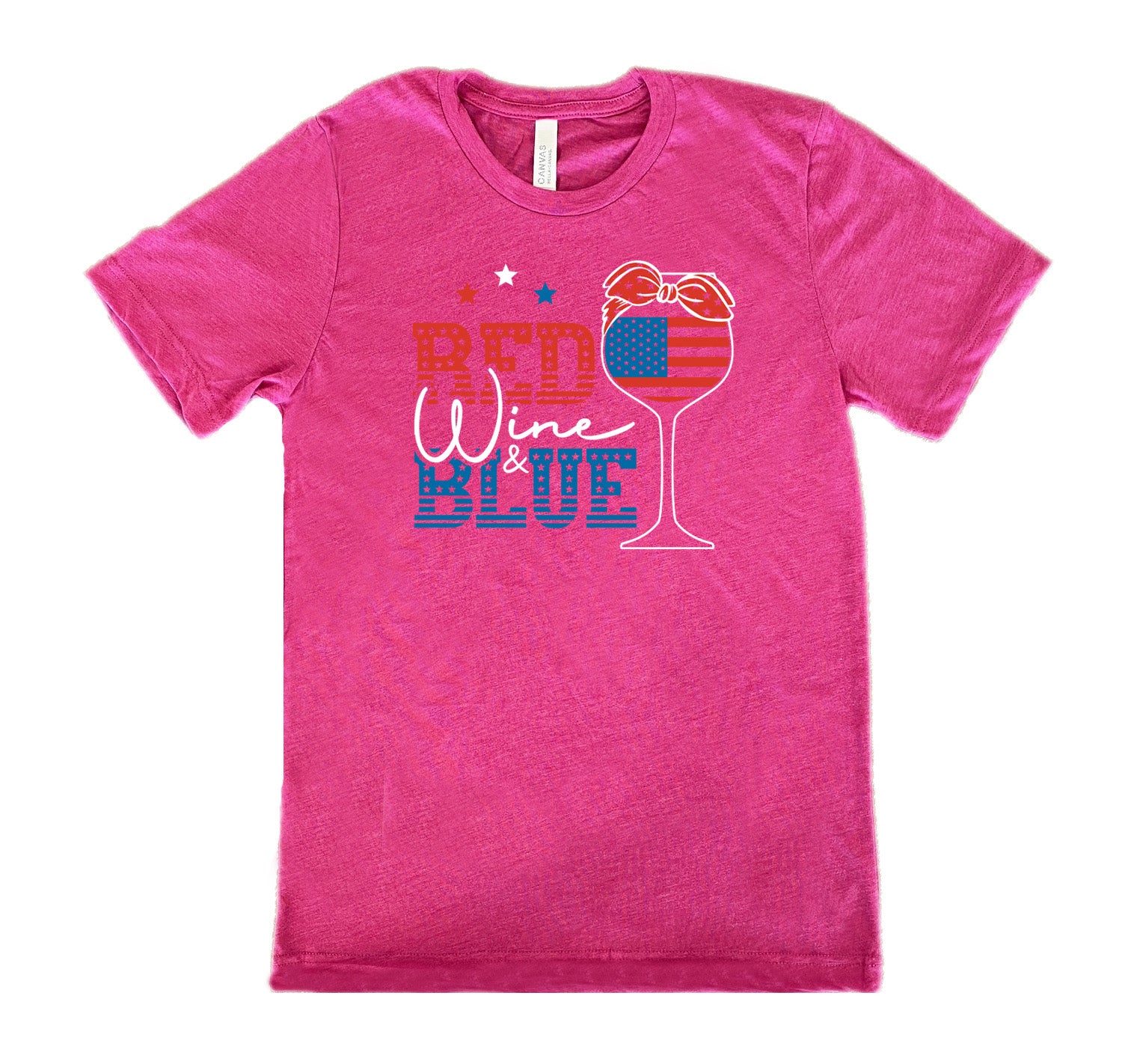 Berry colored shirt with an American flag wine glass graphic on it that says "Red Wine & Blue"