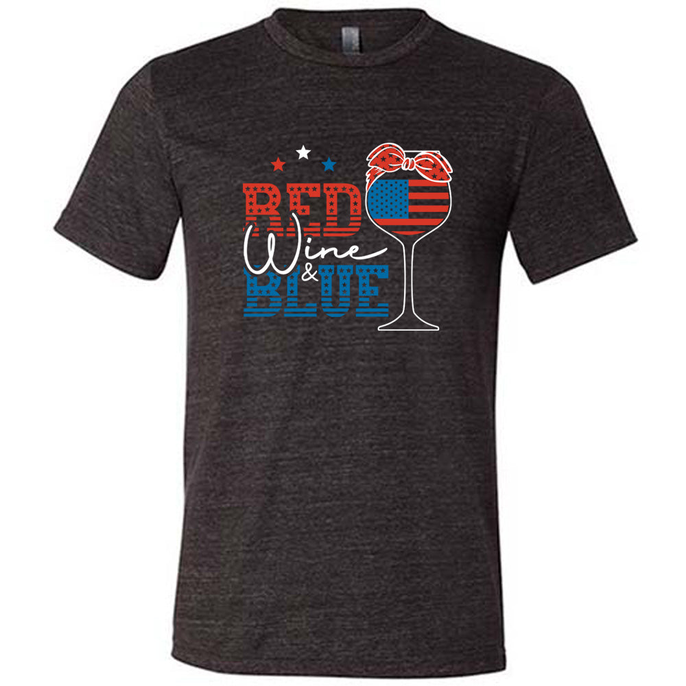 Black colored shirt with an American flag wine glass graphic on it that says "Red Wine & Blue"