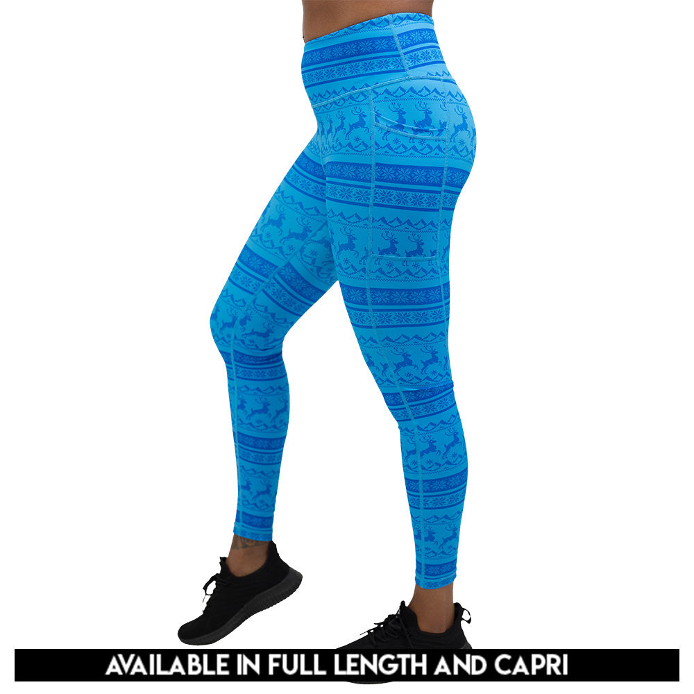 Blue patterned leggings with reindeer design available in capri and full length