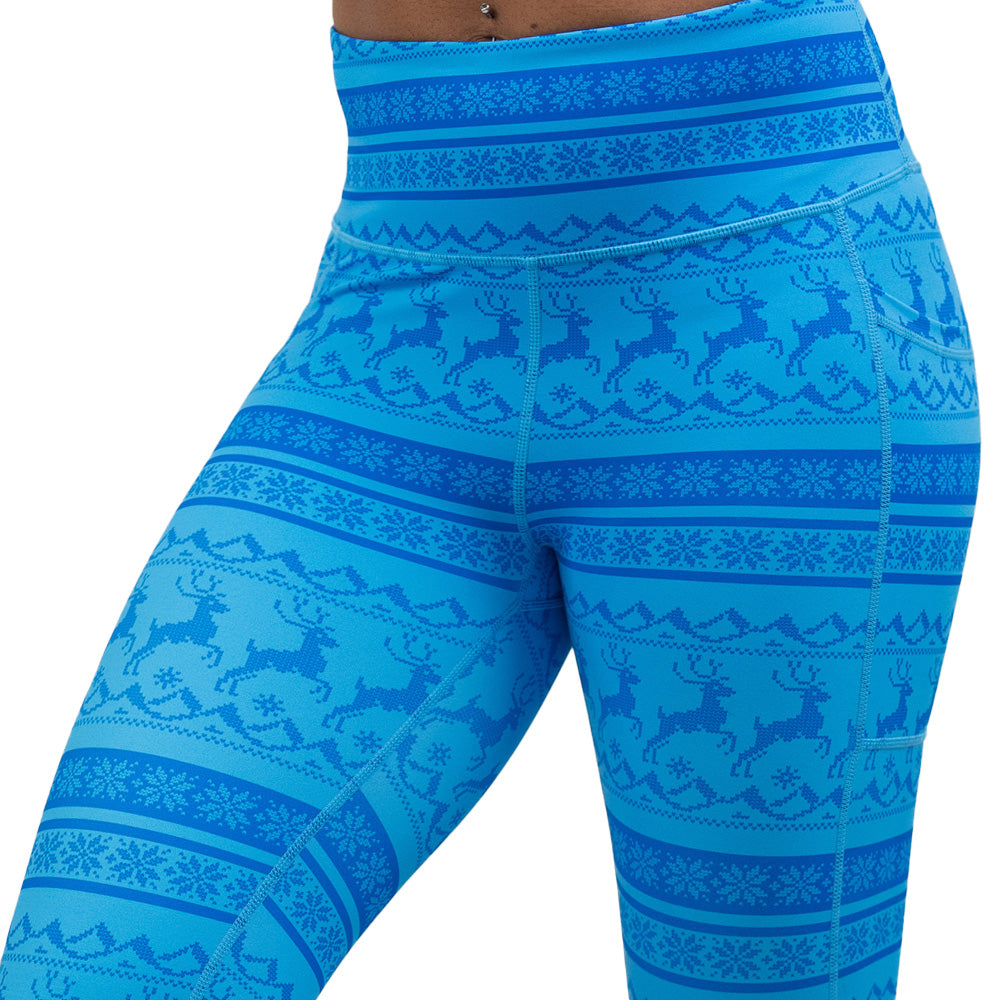 Blue patterned leggings with reindeer design