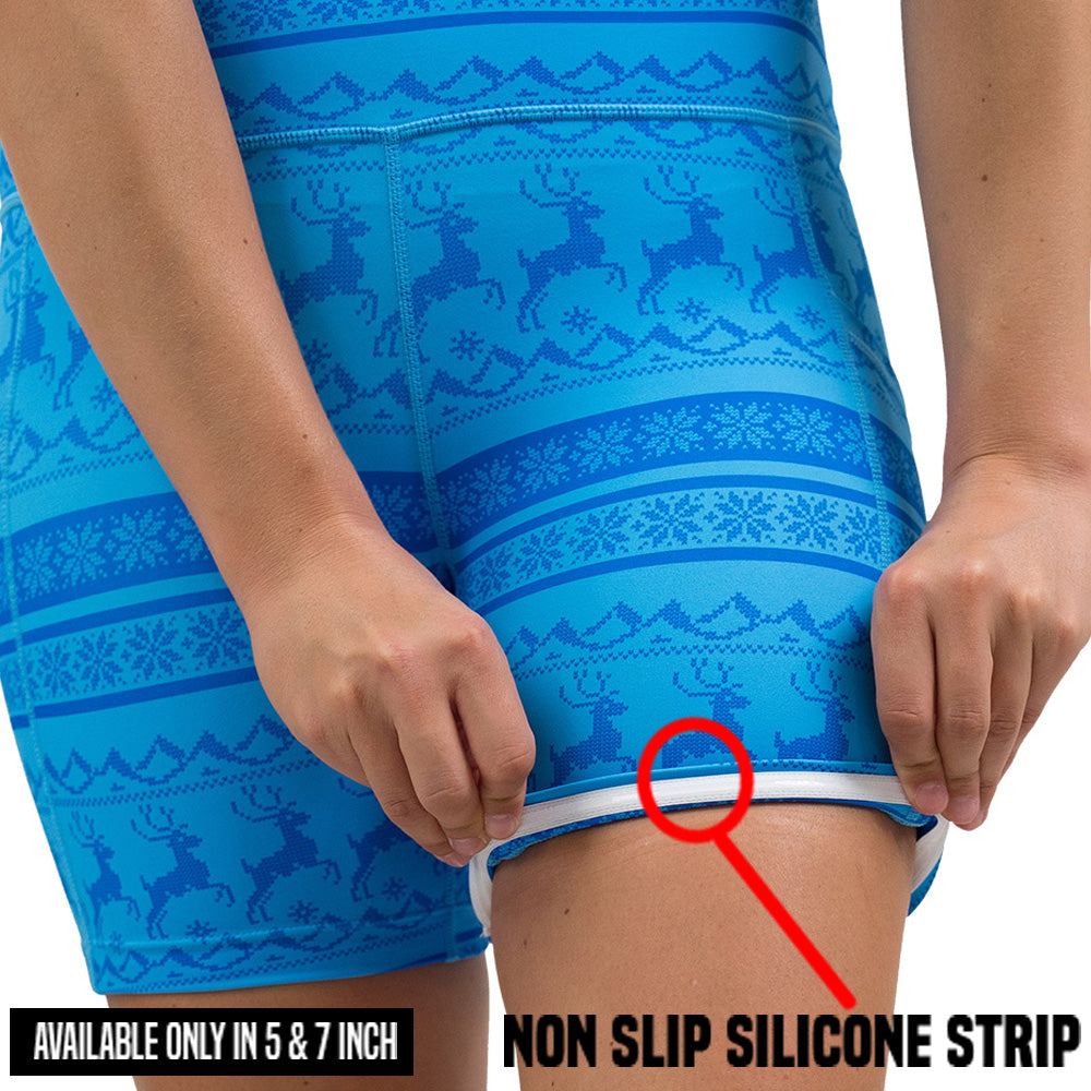 non slip strip on blue patterned shorts with reindeer design