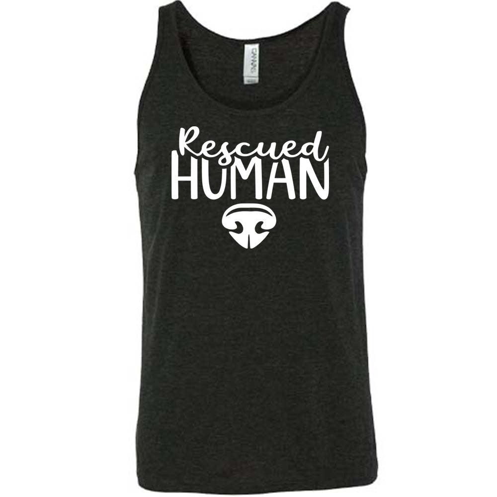 Black colored tank with dog nose graphic on it that says "Rescued Human"