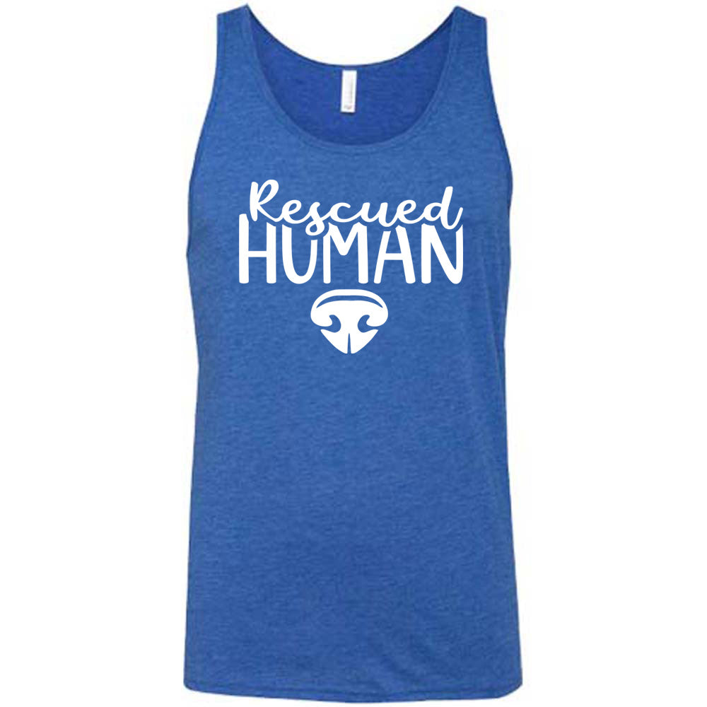 Blue colored tank with dog nose graphic on it that says "Rescued Human"