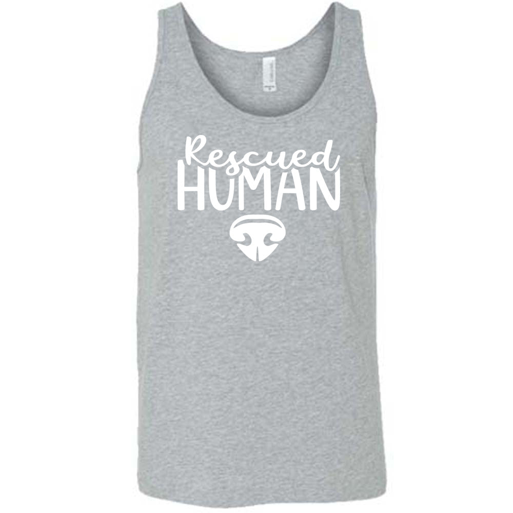 Grey colored tank with dog nose graphic on it that says "Rescued Human"
