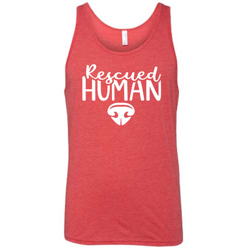 Red colored tank with dog nose graphic on it that says "Rescued Human"