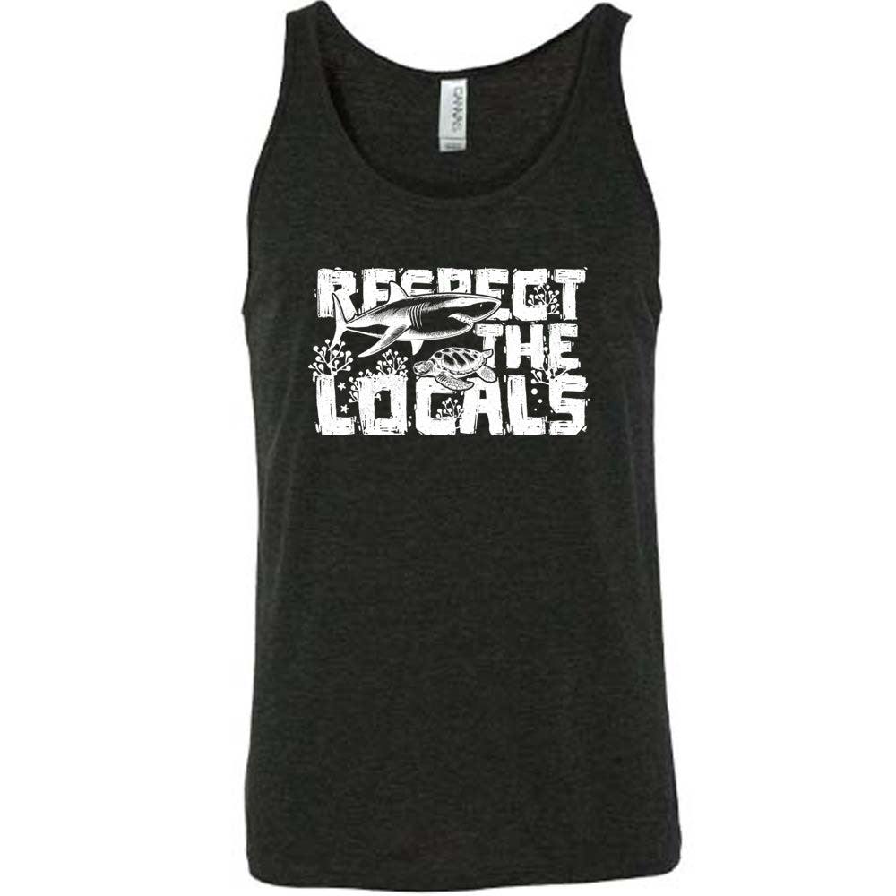 Black colored tank with a shark and turtle graphic on it that says "Respect The Locals"