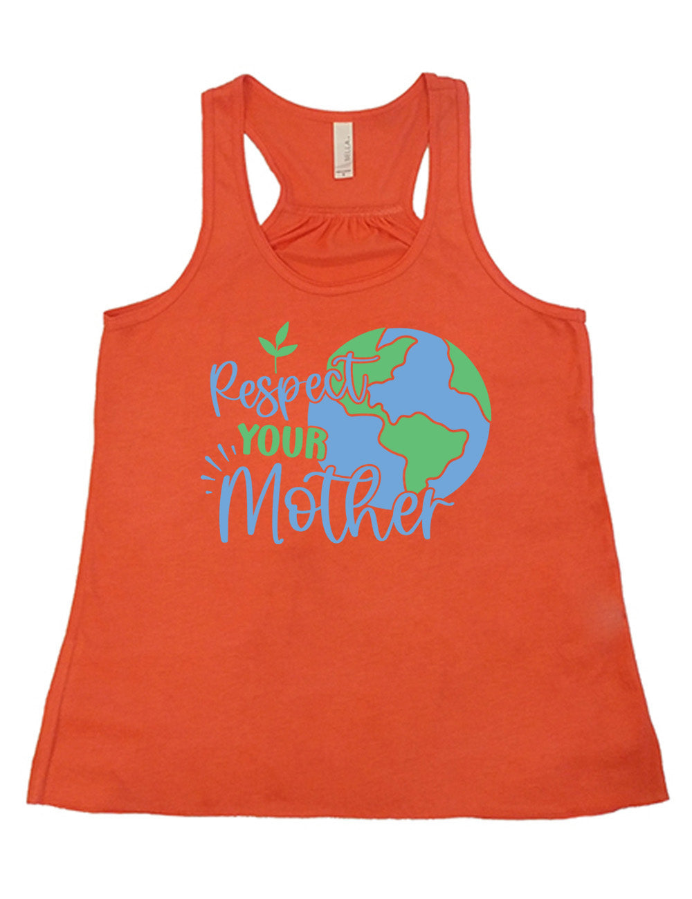 coral flowy racerback tank with the graphic of the earth, and the words overlapping it saying "Respect Your Mother"
