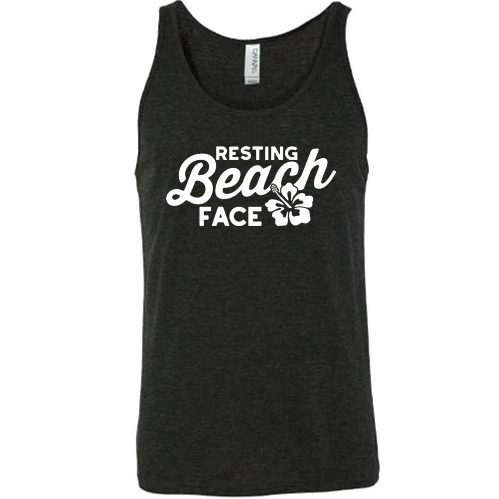 Black colored tank with a flower graphic on it that says "Resting Beach Face"