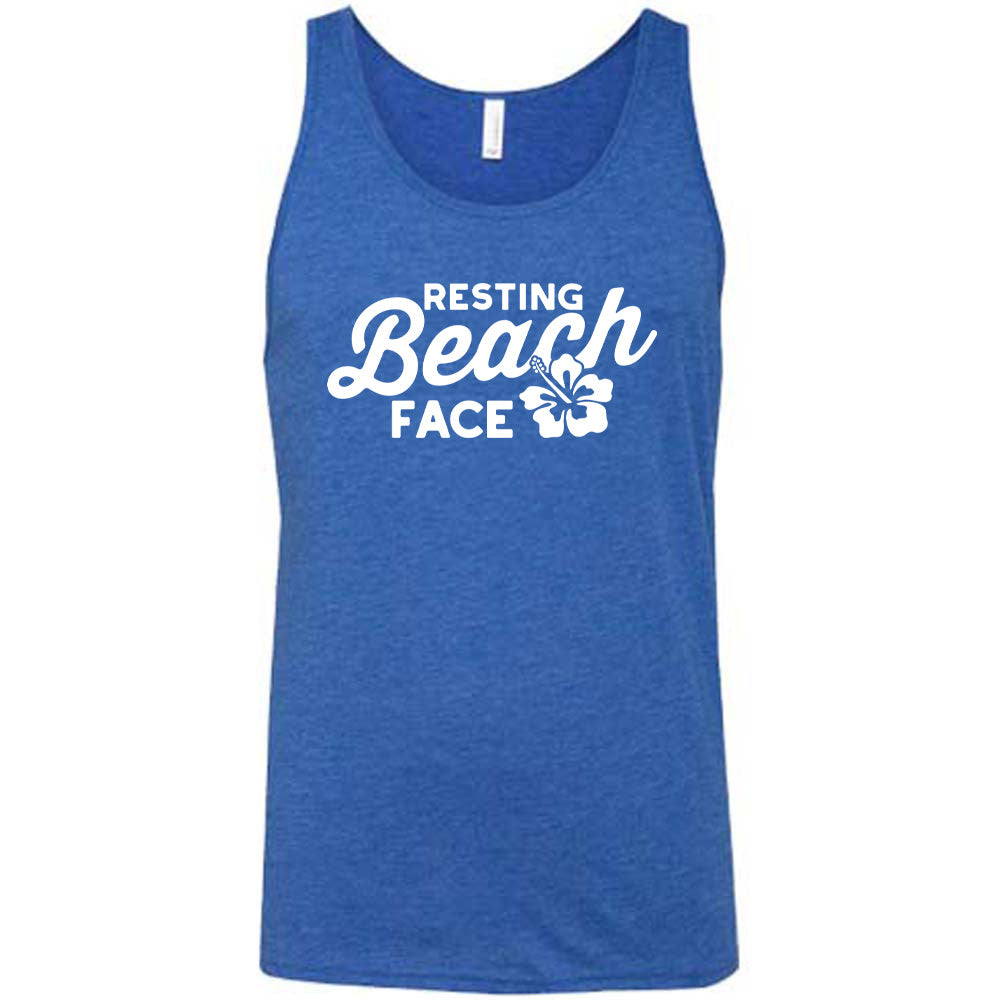 Blue colored tank with a flower graphic on it that says "Resting Beach Face"