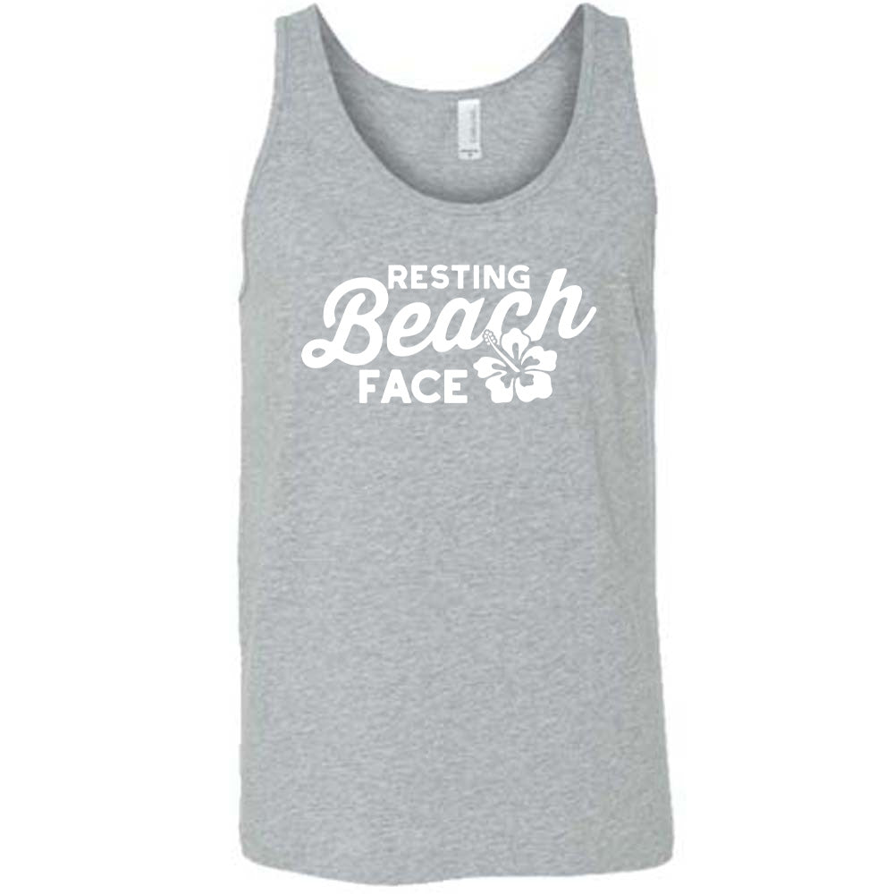 Grey colored tank with a flower graphic on it that says "Resting Beach Face"